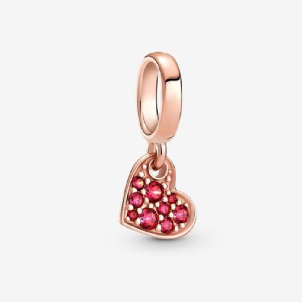 Pandora Red Pave Tilted Heart Dangle Charm Rose Gold Plated Over .925